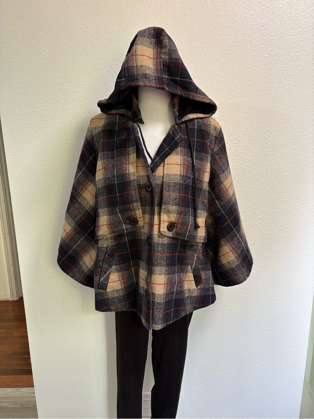 Mind Code Navy and Tan Plaid Hooded Cape